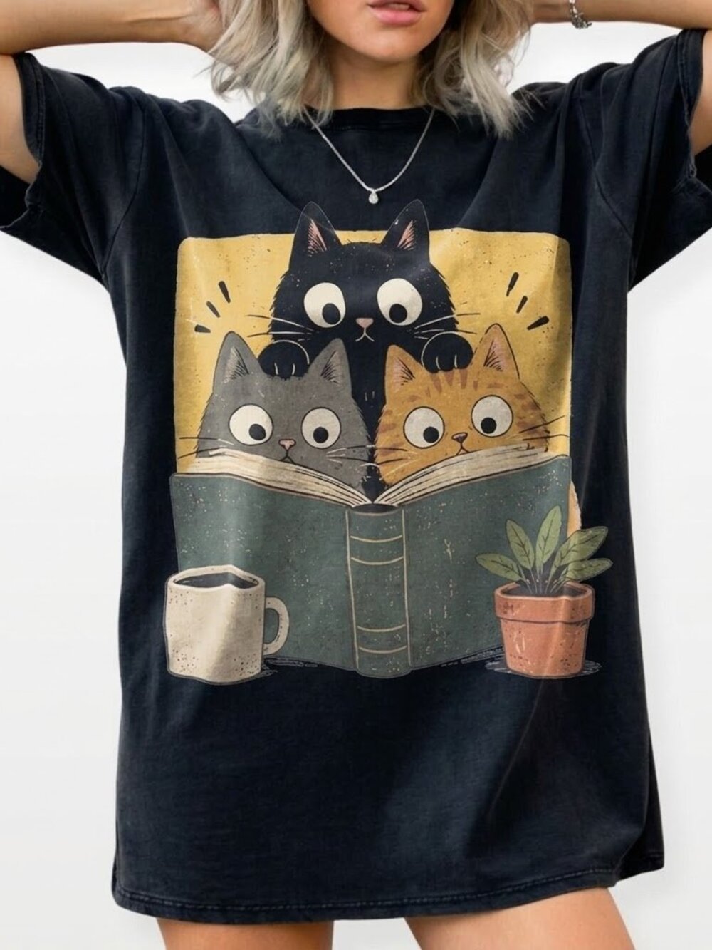 Curious Reading Cats Vintage Graphic Tee, Book Lover Shirt